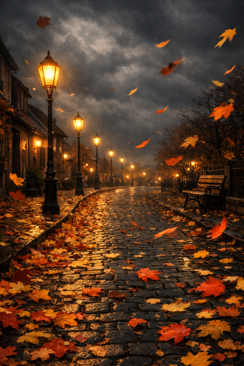Calle desierta en noche de otoño.