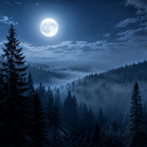 Bosque de pino por la noche.