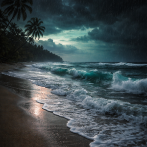 Playa desierta con palmeras, cielo esmeralda.