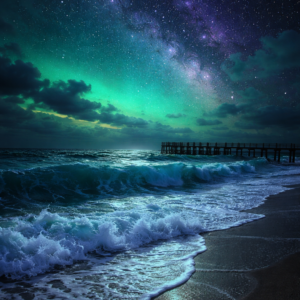 Noche en la playa, con muelle, cielo esmeralda