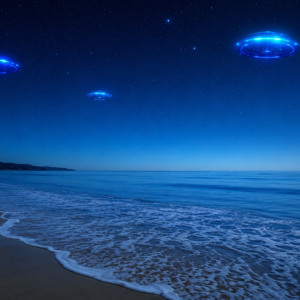 Playa azul con, platos voladores.