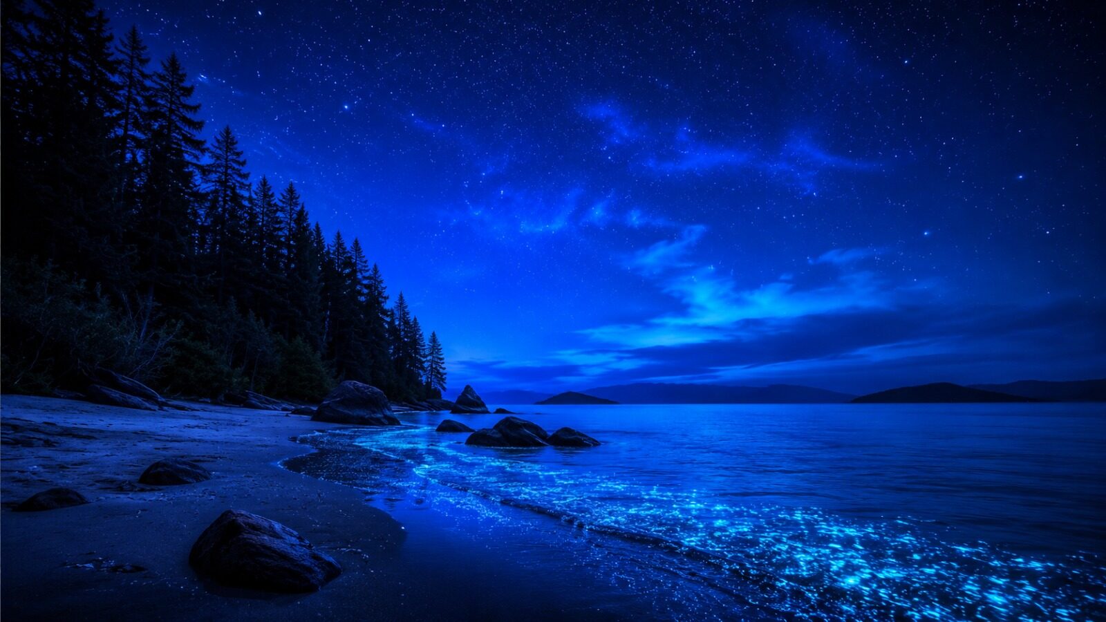 Bosque y costa azul nocturna.