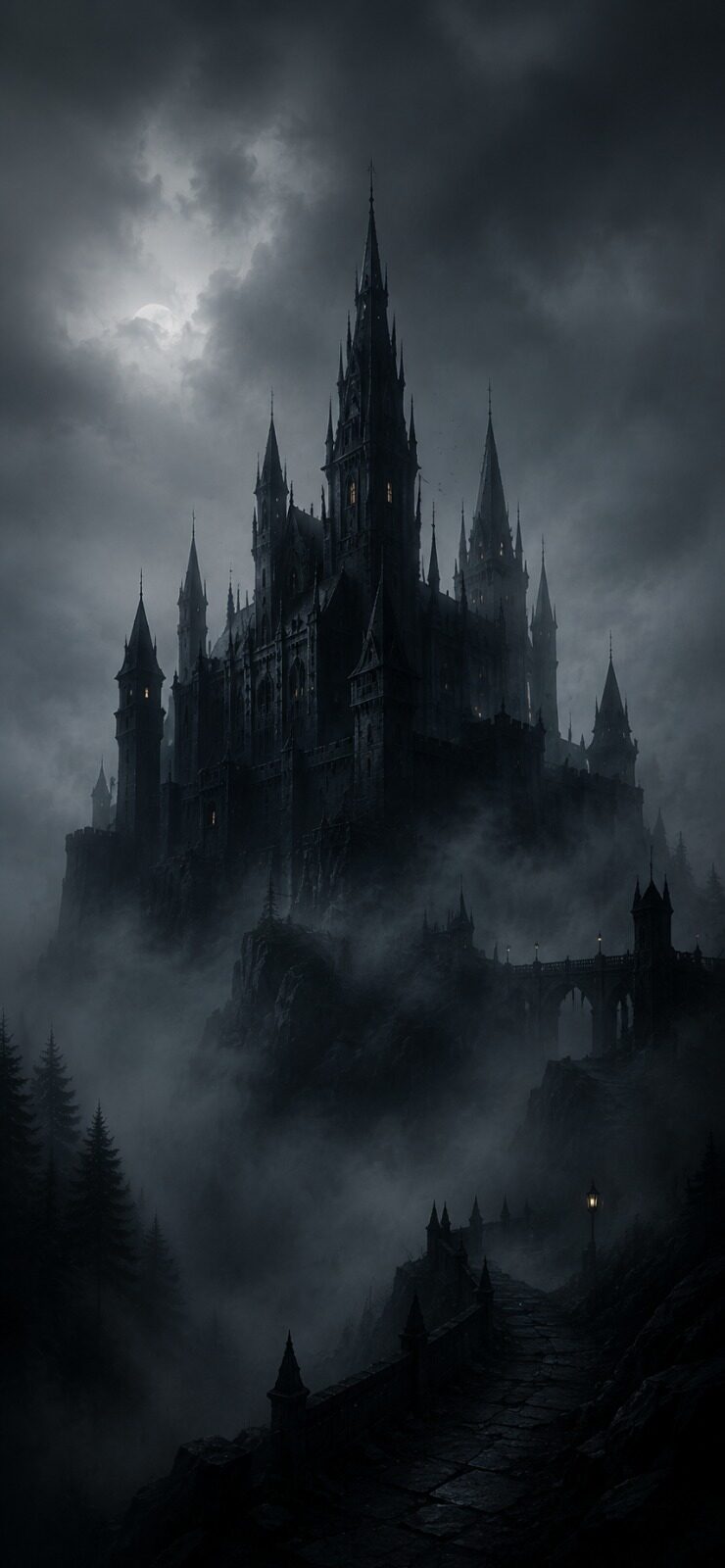 Castillo oscuro entre niebla.