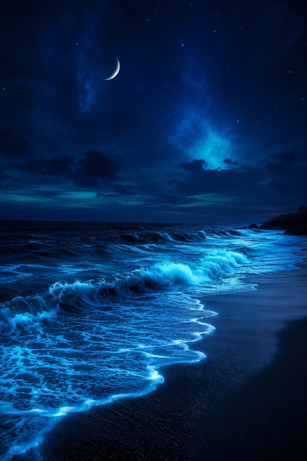 Mar azul bioluminiscente con luna.